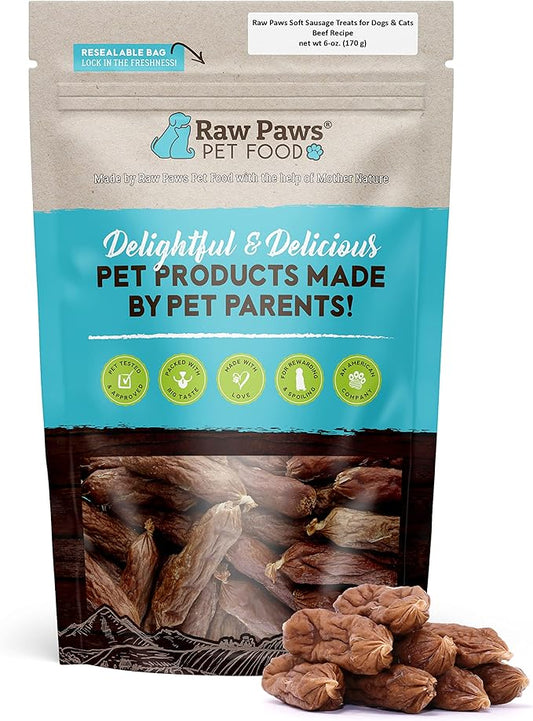 Raw Paws Grain-Free Soft Sausage Treats for Dogs & Cats - Beef Recipe, 6-oz - Made in USA - Great for Training Puppies or as a Reward - Beef Jerky for Dogs - Soft Cat Treats