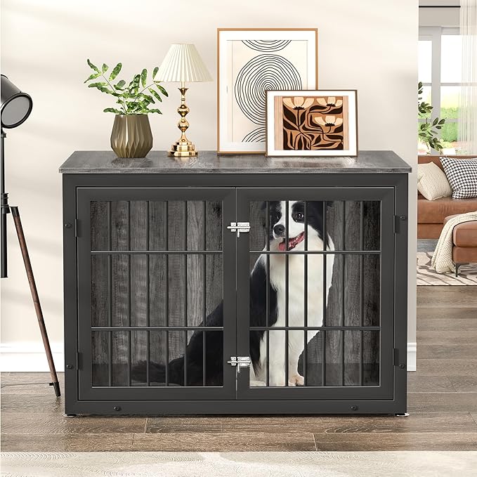 42" Heavy Duty Dog Crate Furniture for Large and Medium Dogs, Enclosed Design Wooden Metal Kennel, Pet Cage Furniture Indoor, Decorative Dog Kennel, End Table