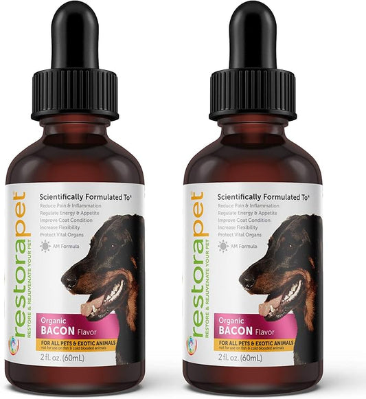 RestoraPet 2-Pack Dog & Cat Bacon Liquid Multivitamin | Dog Arthritis Pain Relief | Hip & Joint Vitamins for Dogs - Anti Inflammatory Supplement for Dogs & Cats | Organic & Non-GMO, Vet Approved