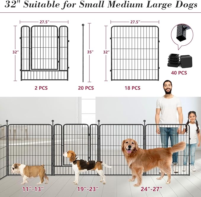 Dog Playpen 32 inch 20 Panels Indoor Outdoor Dog Pen for Medium/Small Dogs Heavy Duty Metal Dog Fence Outdoor for Yard, Puppy Playpen with Door Portable Pet Fence for RV Camping Yard