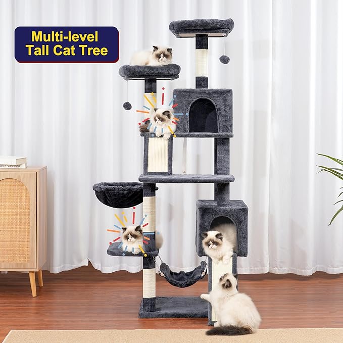 Cat Tree for Indoor Cats, 71'' (180cm) Multi-Level Cat Tower for Large Adult, Sturdy Cat Tree House with 2 Scratching Boards 7 Posts, 2 Plush Perches/Condos, Hammock, Smoky Gray GCT032G