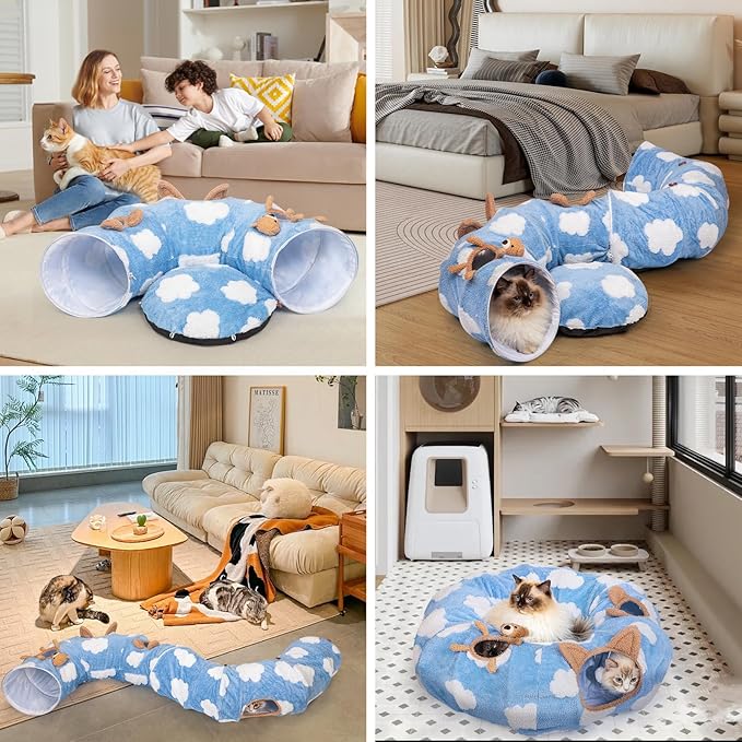 Cat Tunnel Bed, Cat Tunnels for Indoor Cats with Washable Circle Cushion, Multifunctional Peekaboo Cat Cave Donut Tubes Tunnel for Cat Kitty Kitten Puppy Rabbit Ferret (Sky Blue)