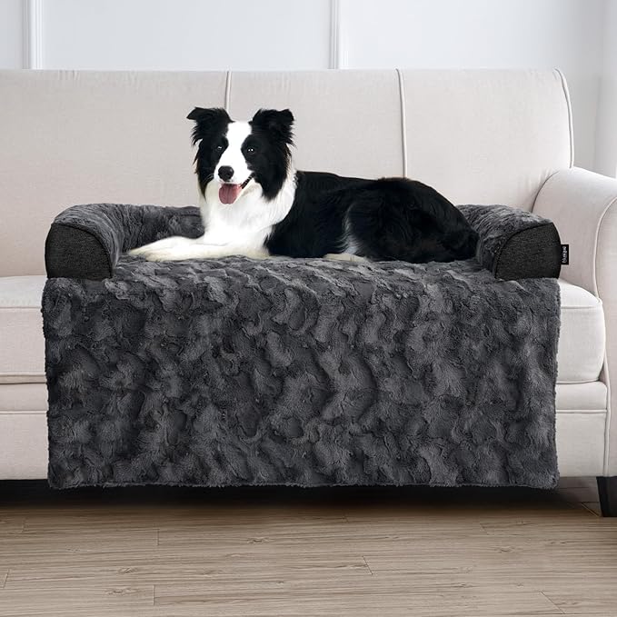 Calming Large Dog Bed for Couch, 41 x 37 inch Removable Couch Cover for Dogs Washable, Non-Slip Fluffy Plush Dog Sofa Mat for Furniture Protector - Dark Grey