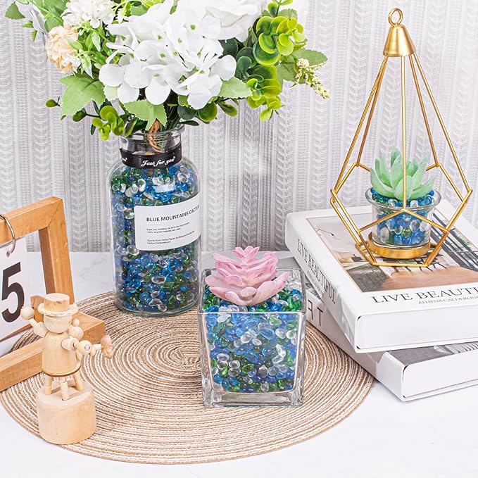 Keedolla Aquarium Glass Pebbles Stones Fish Tank Rocks Gravel, Green Mix Glass Gemstones Fish Bowl Rocks for Vase Fillers, DIY Crafts, Home Decor - 15 Oz, 6-9mm