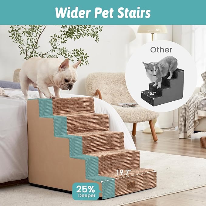 Dog Stairs for Small Dogs, 5 Tier Wider Pet Stairs for High Beds, 23.6" H Non-Slip Dog Steps for Old Cats, Puppies, Small Medium Dogs, 29.5x19.7x23.6 inch, Light Brown