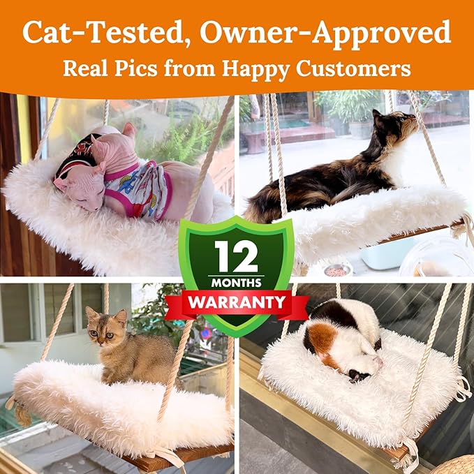 Cat Window Perch - Hammock Bed for Cats Inside - Solid Wood Seat, 4 Strong Suction Cups, Soft Cushion - Rustic Indoor Pet Shelf