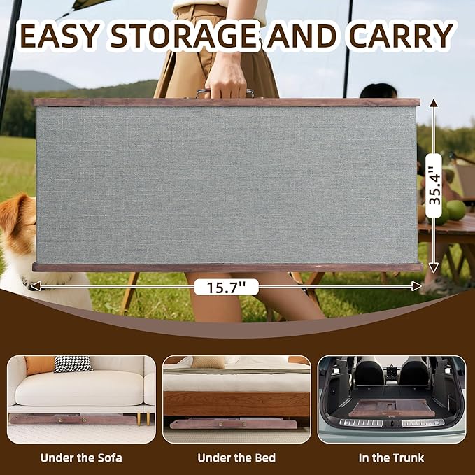 Folding Dog Ramp for Bed, Couch, Car, SUV & RV - Adjustable 4 Heights (12.2"-19.2"), 35.4" Long Wooden Pet Ramp with Non-Slip Mat & Safety Rails - Supports Pets up to 200 lbs