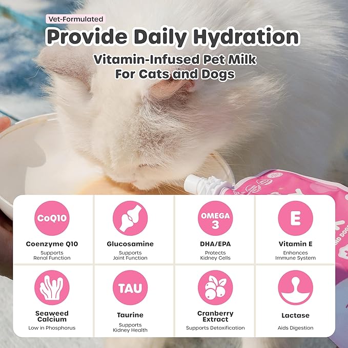 Berry Good Milk is a Lactose-Free, Vitamin-Infused Drink for Cats and Dogs. It Supports Urinary Health, Digestion, and Joint Function. Free from antibiotics, Grains, and Gluten.