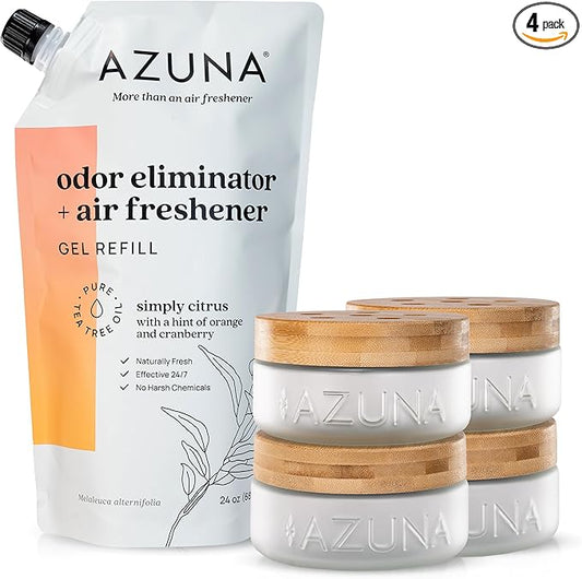 Azuna Air Freshener & Odor Eliminator for Strong Odor | 4 Room Kit Includes (4) Empty Luxe Glass Jar & 24oz Gel Refill with Tea Tree Essential Oil | Simply Citrus | Last 60-90 Days