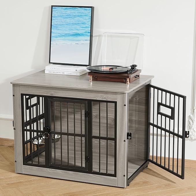 Gardner Pet Dog Crate Furniture for Medium Dogs, 32.7 Inch Dog Kennel Indoor, Wooden Dog Cage End Table with 2 Removable Bowls, Heavy Duty Dog Crate, Rustic Grey