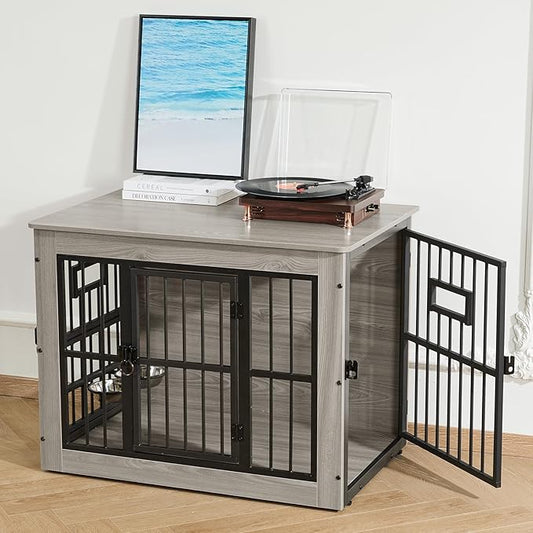 Gardner Pet Dog Crate Furniture for Medium Dogs, 32.7 Inch Dog Kennel Indoor, Wooden Dog Cage End Table with 2 Removable Bowls, Heavy Duty Dog Crate, Rustic Grey