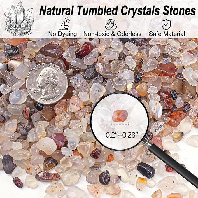 Crystal Chips Polished Crushed Quartz Vase Filler, 0.88 Lb Irregular Shaped Aquarium Gravel Rocks Carnelian Tumbled Gemstones Pebbles for Aquarium, Vase Fillers, Succulent Plants Decor