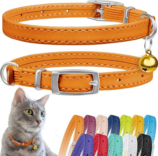 CollarDirect Leather Cat Collar with Bell - Kitten Collar, Small and Big Cat Strap for Boy Cats, Girl Cats with Safety Elastic Strap (Neck Fit 6"-7", Orange)