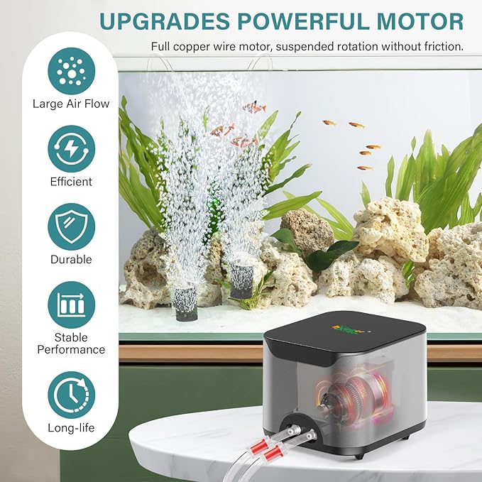 hygger Ultra Quiet Aquarium Air Pump: 6W Whisper Silent Adjustable Fish Tank Air Pump, Powerful Oxygen Aerator Bubbler Pump with Dual Outlets, Air Stone & Full Accessories for Up to 300 Gallon Tanks