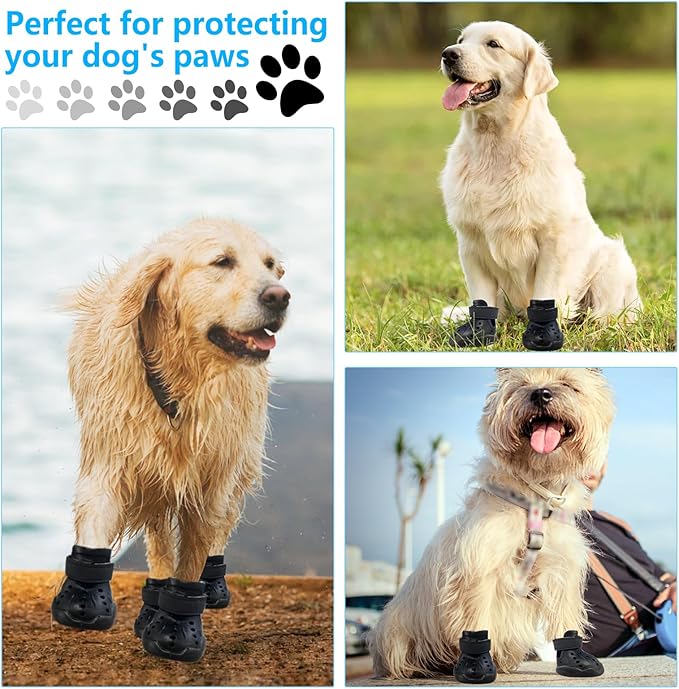 Dog Shoes, Dog Sandals for Hot Pavement, Non-Slip Waterproof Dog Booties for Winter Snowy Day and Summer, Adjustable Straps Easy-Clean Beach Outdoor Pet Boots Rugged Sole-4Pcs Black