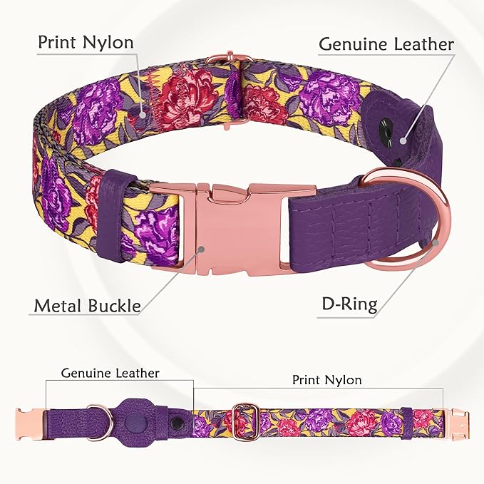 AirTag Dog Collar for Small Medium Large Breed - Adjustable Cute Pattern Dog Collar with Airtag Holder - Soft Leather Tracker GPS Apple Air Tag Pet Collars (Small, 12"-15" Neck Fit, Peonies)