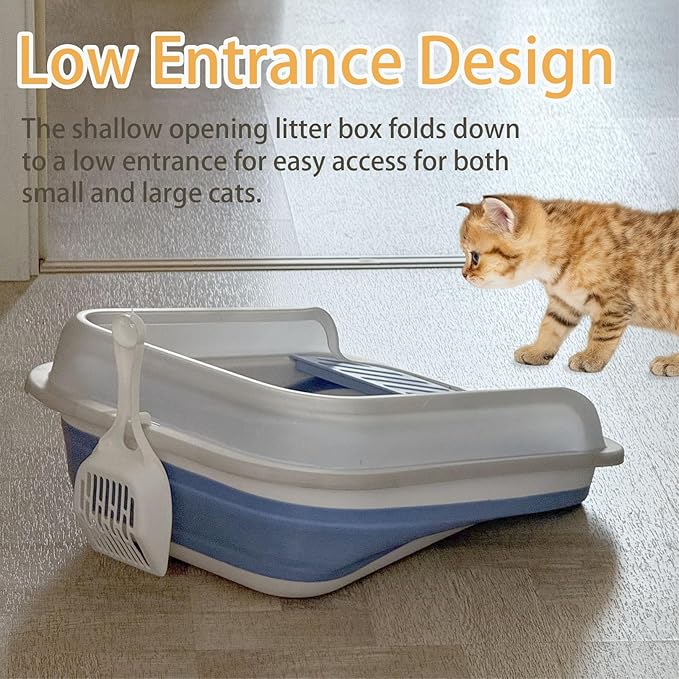 Collapsible Kitten Litter Box, Open Small Cat Litter Box with High Side Shallow Kitten Litter Pan Anti-Splashing Waterproof Low Entry Travel Litter Pan with Falling Sand Pedal