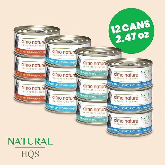 Almo Nature: HQS Natural Cat Pack 2 - (12) 2.47oz Can, Adult Cat Wet Canned Food - 3 Each: Atlantic Tuna, Mackerel, Trout & Tuna, Chicken & Shrimp