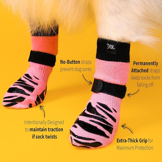 DOK TigerToes Premium Non-Slip Dog Socks for Hardwood Floors - Extra-Thick Grip That Works Even When Twisted - Prevents Licking, Slipping, and Great for Dog Paw Protection (Sassy Pink, X-Small)