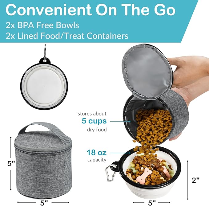 Dog Travel Bag with Treat Pouch, Airline Approved Dog Bags for Traveling, 2 Dog Food Travel Container, 2 Travel Bowls, Weekend Dog Travel Bag for Supplies, Dog Travel Kit Accessories