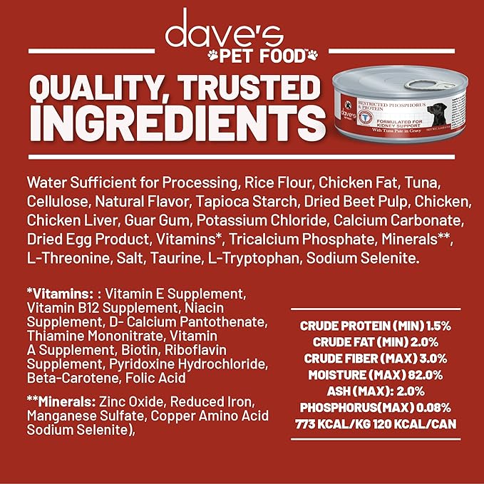 Dave's Pet Food Kidney Support Dog Food (Tuna Pate), Non-Prescription, Low Phosphorus, Low Sodium, Wet Canned, Renal Kidney Care, Vet Formulated, 5.5 oz (24 Pack)