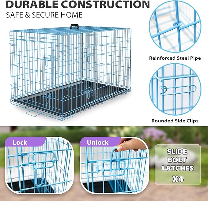 BestPet | Dog Crate | 30" | Blue | Foldable Metal Kennel with Double Doors, Secure Slide-Bolt Latches, Leakproof Tray | Portable Dog Cage for Small Breeds | for Travel, Indoor & Outdoor Use