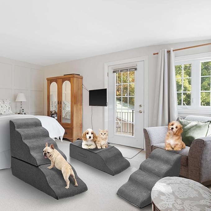 Dog Steps for High Beds 30-32" H - 6-Step Dog Stairs for Small Dogs, 33D Foam Pet Steps for High Bed with Non-Slip Bottom and Washable Cover, Dogs Ramp for Bed Indoor, Dark Grey