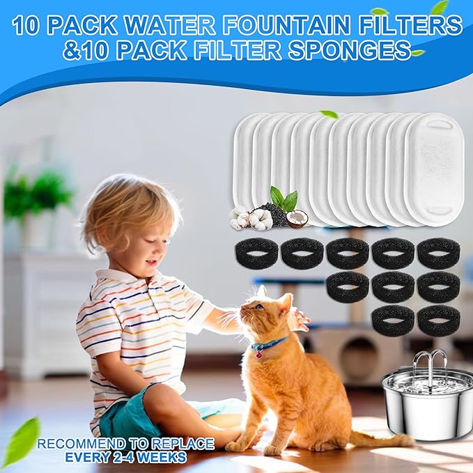 Cat Water Fountain Filters, 20Pack Cat Fountain Replacement Filters for Stainless Steel 108oz/3.2L& 67oz/2L adjustable Water Flow Pet Water Fountain,Dog Water Fountain Filters（10 Filters& 10 Sponges)