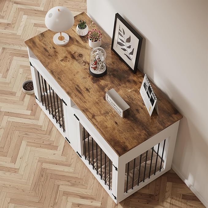 Dog Crate Furniture for 2 Dogs, 55 Inch Dog Crate Indoor with Removable Divider and Shelf Storage, Wooden Dog Crates for Medium/Large Dogs, White