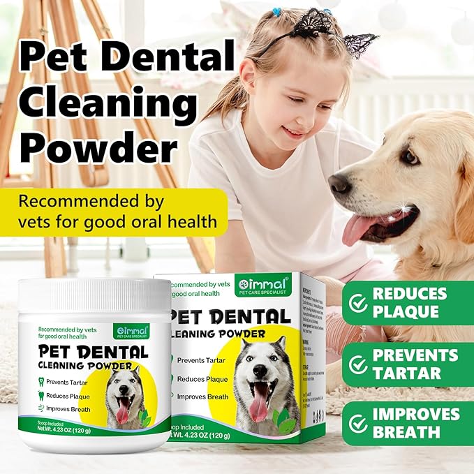 Dog Dental Powder, 120g Teeth Cleaning Powder for Dogs, Breath Freshener with Probiotics Improve Bad Breath, Remove Plaque & Tartar - Pets Dental Care Supplement for Dogs - 4.23 OZ/Scoop Included