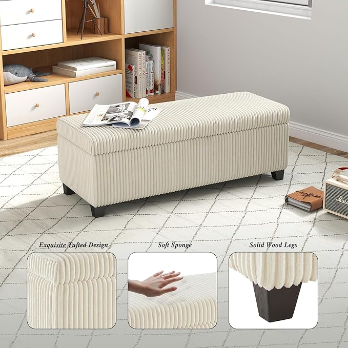 48" Ottoman with Storage, Corduroy Storage Ottoman Bench for Bedroom, End of Bed Bench with Safety Hinge for Living Room, Bedroom, Entryway, White