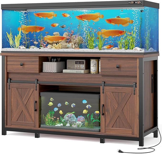 Miereirl 75-120 Gallon Fish Tank Stand with Power Outlet – Heavy Duty Aquarium Stand, Rustic Farmhouse Style, 1000 lb Capacity, Adjustable Storage & Sliding Barn Doors, Light Brown