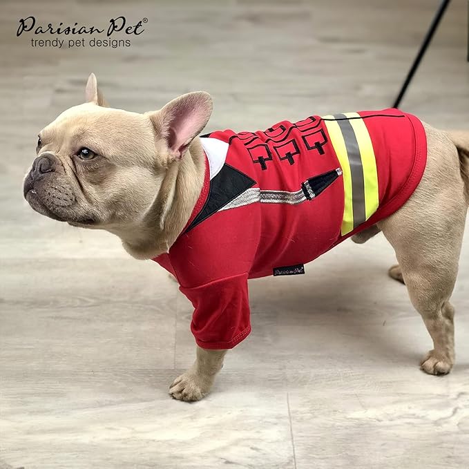 Parisian Pet Embroidered Firefighter Costume - 100% Cotton & Polyester Dog Clothes - Sleeved Red Dog Costume - 3XL