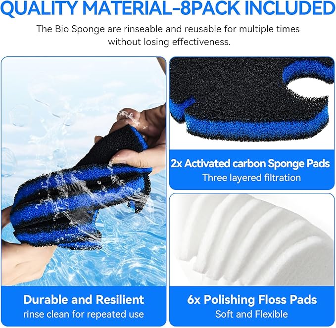 Canister Filter Pads Compatible with AMOSIJOY 172/225/265GPH Canister Filter Media Replacement for Pondforse 172/225/265GPH Aquarium Canister Filter for Aquariums Fish Tanks Turtle Tank 8 Pack