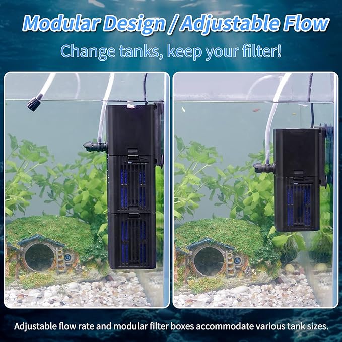 Aquarium Filter Water Flow Adjustable for 75-200 Gallon Fish Turtle Tank 400GPH Biochemical Filtration 4in1 Submersible Internal Powerful Pumps & Filters Keep Freshwater Saltwater Crystal Clear Large