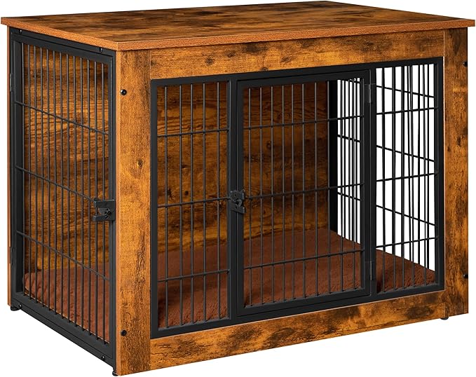 Bigrab Dog Crate Furniture with Thick Cushion, Side End Table Wooden Dog Cage with Double Doors, Chew-Resistant Dog Kennel Dog House Indoor for Small to Large Dog, L