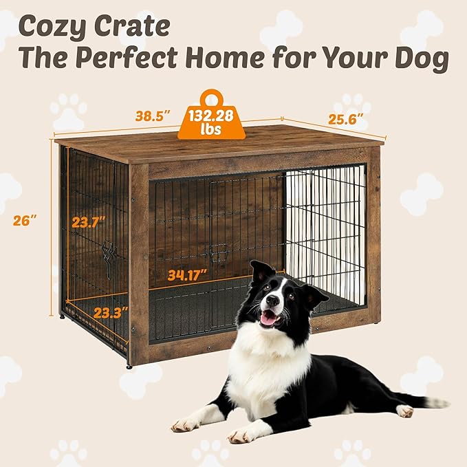 Dog Kennel Furniture, Wooden Dog Crate End Table with Dual Doors, Chew-Proof Design & Cushion, Heavy Duty Dog Crate, Decorative Pet Crate Dog Cage for Indoor (39 Inch)
