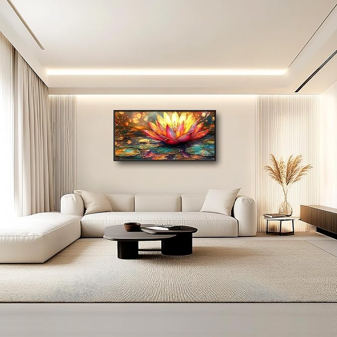 Framed Large Lotus Wall Art for Living Room, Oversized Lotus Flower Wall Decor Zen Golden Floral Canvas Painting Modern Artwork Home Decoration for Living Room Bedroom Office 60"x30"