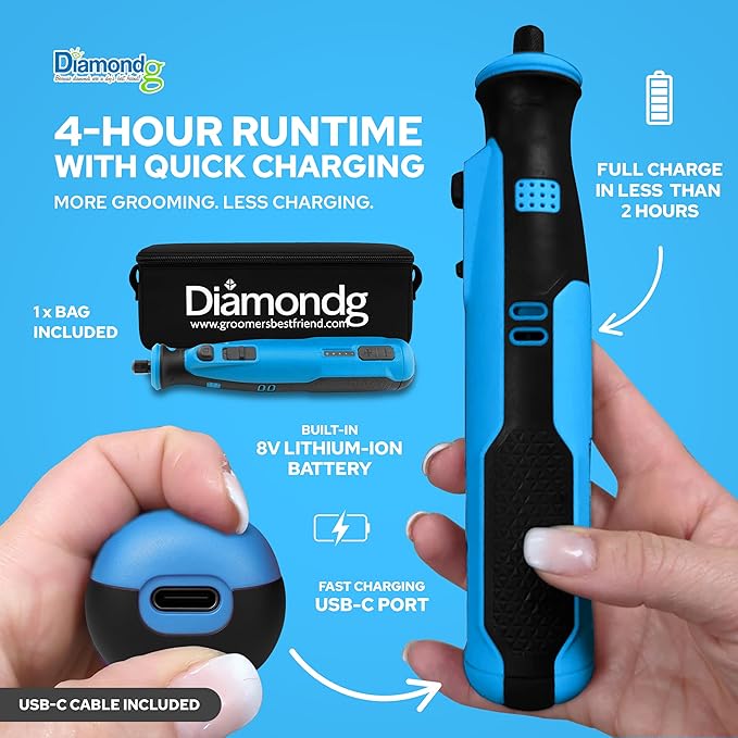 Diamondg Cordless Dog Nail Grinder with Quiet Sound & LED Tip for Large & Small Dogs, 4hrs. Runtime - Electric Dog Nail Trimmer, Heavy Duty Rotary Tool Alternative to Toenail Clippers & Filers