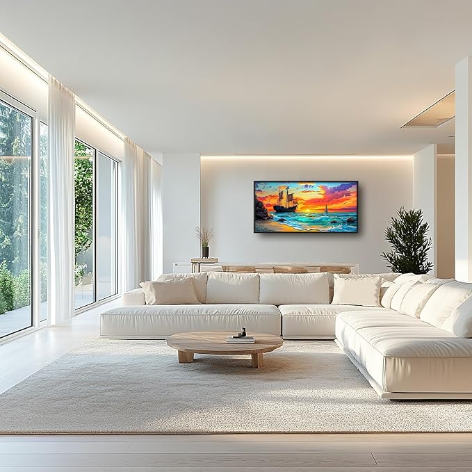 Framed Large Ship Wall Art for Living Room, Oversized Coastal Beach Boat Wall Decor Nautical Seascape Sailboat Canvas Painting Modern Artwork Home Decoration for Living Room Bedroom 60"x30"