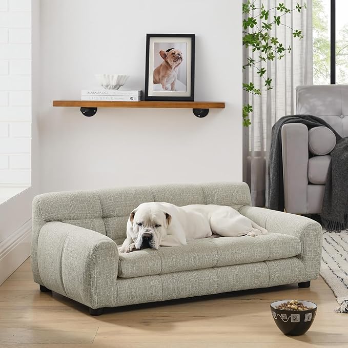 Dog Couch Bed, Mini Sofa for Dogs with Backrest and Armrest, Durable Pet Sofa with Soft Foam Cushion, Elevated Dog Couch Bed with Legs for Medium and Large Dogs, Beige