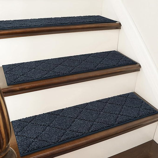 COSY HOMEER Edging Stair Treads Non-Slip Carpet Mat 28inX9in Indoor Stair Runners for Wooden Steps, Edging Stair Rugs for Kids and Dogs, 100% Polyester TPE Backing (10pc, Navy)