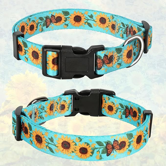 HEELE Dog Collar, Adjustable Soft Dog Collar for Small Medium Large Dogs,Sunflower Floral Patterned Puppy Collars with Quick Release Buckle Sunflower Green L Length 15.94''-25.59'