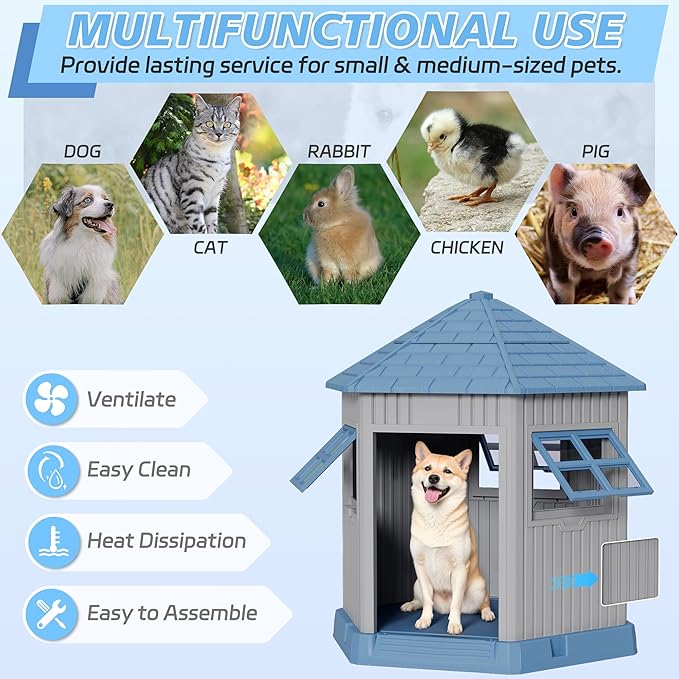 Durable Dog House Indoor Outdoor for Small Medium Dogs, Weatherproof Puppy Shelter with Elevated Floor & Air Vents, Easy Clean and Assemble (Blue, 36.61L*29.5W*37.4H)