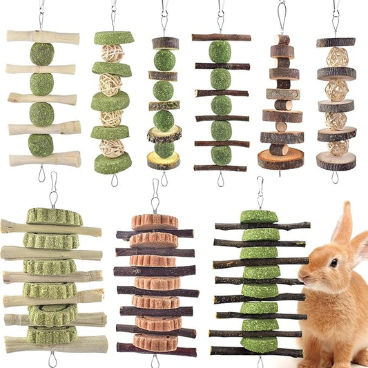 ERKOON Bunny Chew Toys, Rabbit Chew Toys for Teeth Grinding, Improve Dental Health, 100% Natural Apple Wood Timothy Grass Cake Treats for Rabbits Guinea Pigs Chinchillas Bunnies Hamsters (9 Pcs)