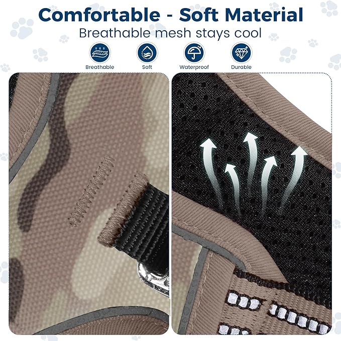 Funfox Dog Harness No Pull, Adjustable Pet Vest Harness, Super Soft Material with Vertical Handle Easy Control, Reflective Night Walking, 2 Leash Clips for Small Sized Dogs, Camo Brown, S