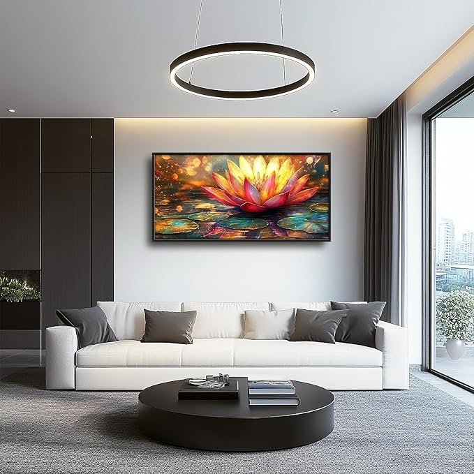 Framed Large Lotus Wall Art for Living Room, Oversized Lotus Flower Wall Decor Zen Golden Floral Canvas Painting Modern Artwork Home Decoration for Living Room Bedroom Office 60"x30"