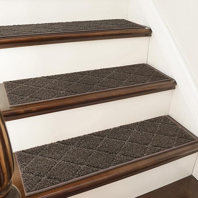 COSY HOMEER Edging Stair Treads Non-Slip Carpet Mat 28inX9in Indoor Stair Runners for Wooden Steps, Edging Stair Rugs for Kids and Dogs, 100% Polyester TPE Backing (7pc, Brown)