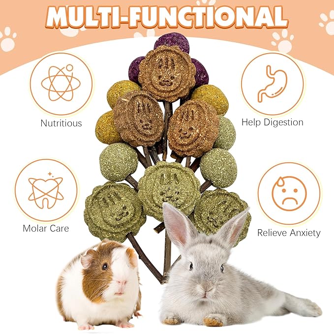 Fhiny Rabbit Chew Toys, 30 PCS Natural Bunny Lollipop Chew Sticks Handmade Guinea Pig Molar Treats for Teeth Small Animals Snacks for Guinea Pig Bunny Chinchilla Hamster Gerbil Teeth Care