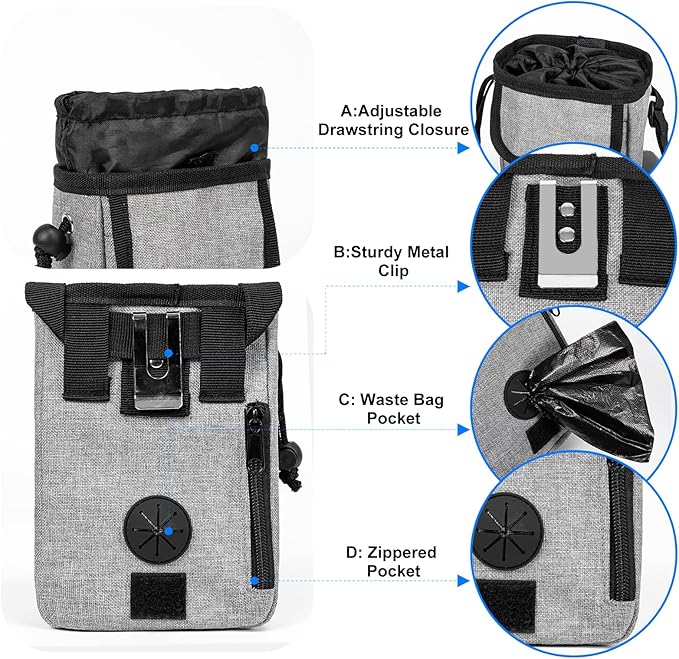 Airline Approved Dog Travel Bag with 2 Dog Treat Training Pouches, Tote Organizer for Weekend Pet Travel Supplies & Accessories, 2 Collapsible Bowls, 2 Food Container (Grey)